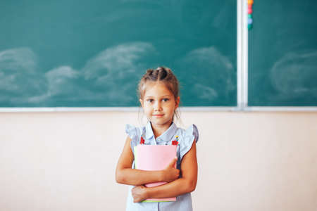 Little schoolgirl stands near the chalkboard, back to school, children education.の写真素材