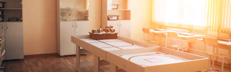 Empty school class during school holidays, back to school, children education.の写真素材