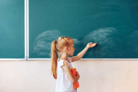 Little schoolgirl stands near the chalkboard, back to school, children education.の写真素材