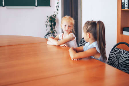 Two schoolgirls sit at a school desk and discuss the purpose of the lesson.の写真素材