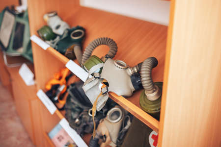 Gas masks, schooling, gas protection for children.の写真素材