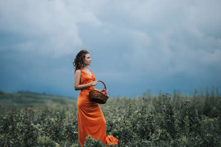 A girl in an orange dress with a basket walking along the field against the background of grass and clouds.の写真素材