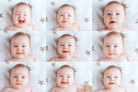 Collage of nine pictures of a baby, pictures of a baby in different emotions, a newborn baby with blue eyes and blond hair.の写真素材