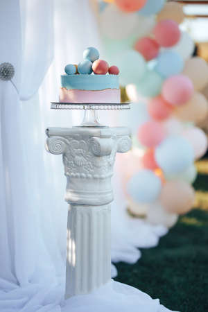 Colorful balloons filled with helium and connected to each other, blue-pink torus with balloons.の写真素材