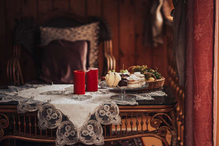Beautiful confectionery, sweets on the table, family tea party.