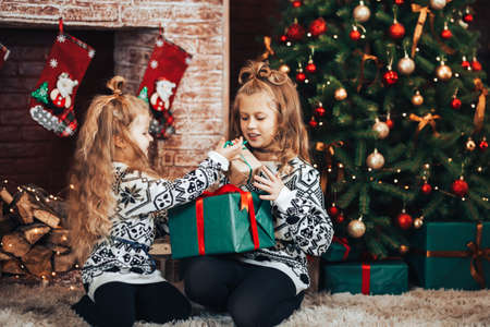 Two sisters holding a box with a gift in a green package. Christmas mood. In the background there is a decorated Christmas tree and a fireplace with Christmas socks.の写真素材