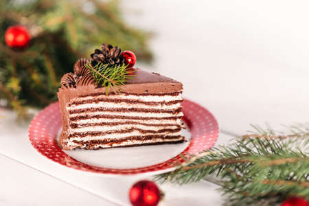 Chocolate cake on a red and white plate. Against the background of a branch of a Christmas tree and a decoration for the Christmas tree. Christmas mood.の写真素材