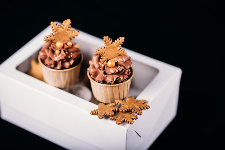 Chocolate cupcakes with star-shaped cookies in a white box. Christmas mood. Sweets for any occasion.の写真素材