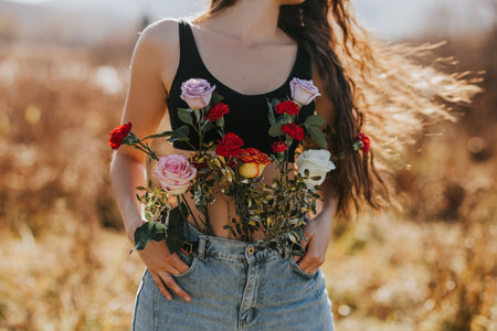 Young beautiful woman with long hair in nature, different types of flowers in jeans, female health concept, enjoying the fresh airの写真素材