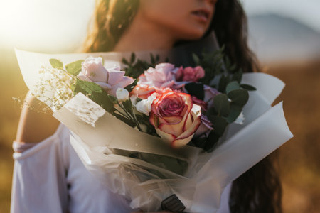 Young woman in white dress holding a beautiful bouquet of roses.の写真素材