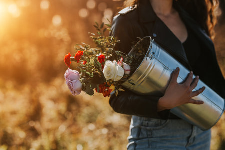 Woman holding a tall iron bucket with flowers in the open air in nature.の写真素材