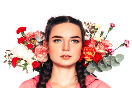 Beautiful nymph woman on a white background, in her hair she has flowers and a wreath of flowers.