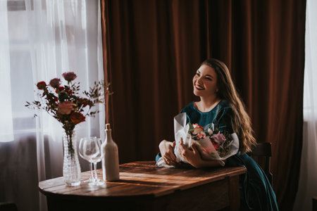Woman in a green dress with a bouquet of flowers. Glass vase with flowers on a wooden table in front of a light background. On the table are a bottle and glass wine glasses. Woman day, gift 8 marchの写真素材
