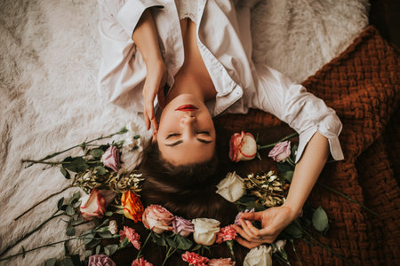A woman in a white shirt lies on a bed with flowers. Valentines day gift Woman day gift, 8 marchの写真素材