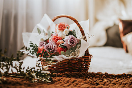 A large basket of flowers on the bed. Valentine's Day gift Woman day, gift 8 march.の写真素材