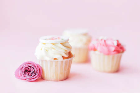 Three beautiful appetizing white and pink cupcakes against a pink background. Sweet dessert for any festive table.の写真素材