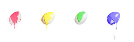 Four flying eggs drip pink, yellow, green and purple paint against white background. Preparing for the religious holiday Easter, painting eggs for the event.の写真素材