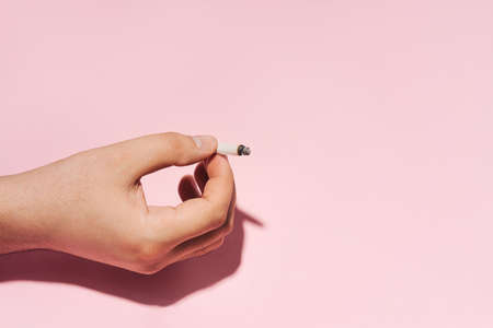 Burned roll of paper cigarette in hand, pastel pink background.の写真素材