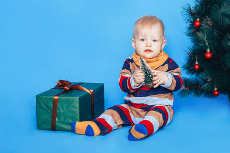 Little boy holding small christmas tree in front of blue background.の写真素材