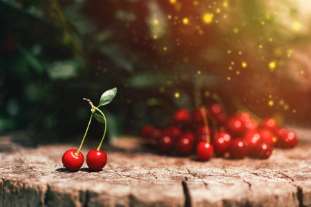 Harvesting cherries on wooden table with sunlight.の写真素材