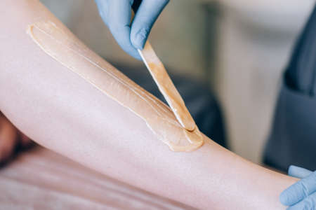 The specialist depilates the hair with wax on the leg.の写真素材