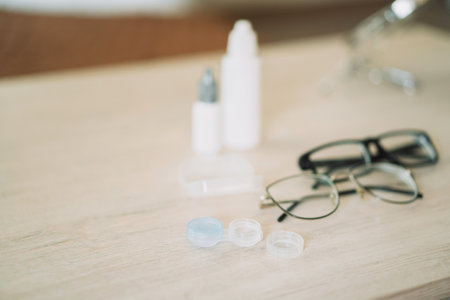 Glasses for vision with black frames and eye drops lie on the table.の写真素材