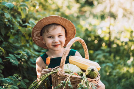 Boy in overalls holding large basket of vegetables.の写真素材