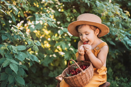 Little girl in yellow jumpsuit and straw hat eats cherriesの写真素材