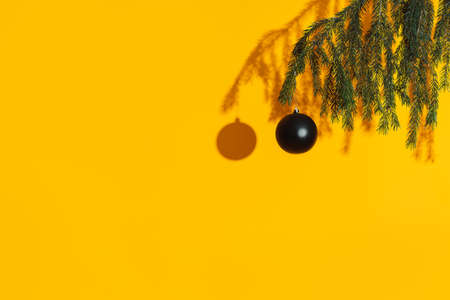 Black matte balls on christmas tree branch against a yellow background.の写真素材
