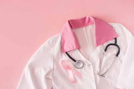 Pink ribbon and stethoscope on white coat on pink background.の写真素材