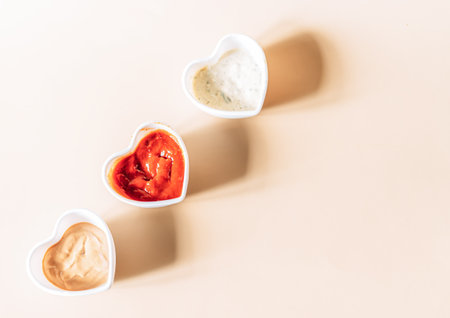 Three heart-shaped cups filled with different sauces.の写真素材
