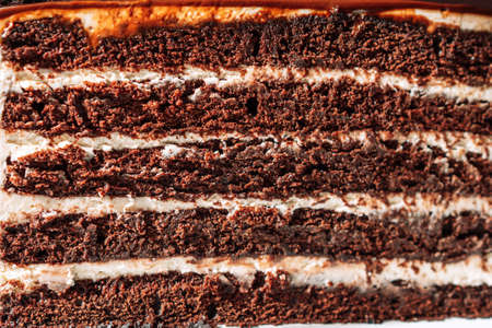 Piece of puff chocolate cake close up