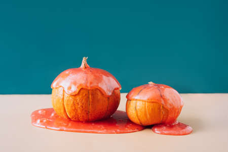Two beautiful orange pumpkins in red slimeの写真素材