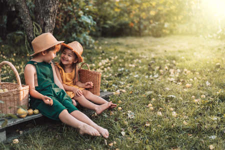 Cheerful children in straw hats sitting on wooden pallet with baskets and pears.の写真素材