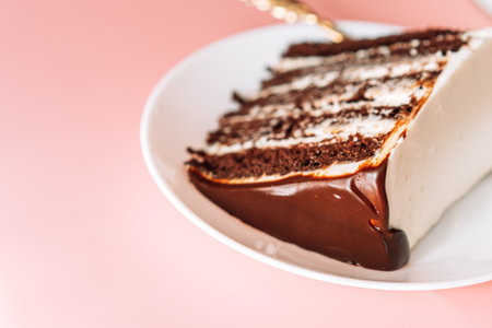 Piece of puff chocolate cake on round plate with small fork.の写真素材