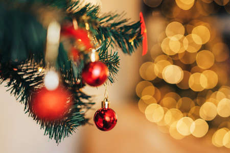 Artificial Christmas tree branch with red baubles and garland in front of the mirrorの写真素材