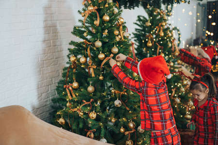 Children in matching pajamas decorate the Christmas tree.の写真素材