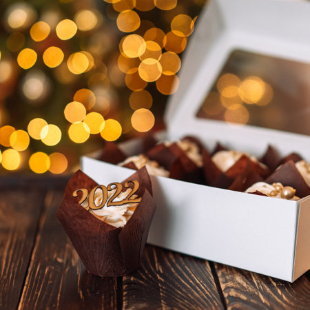 Celebratory cupcake in brown wrapper in front of white cardboard box on wooden table.の写真素材