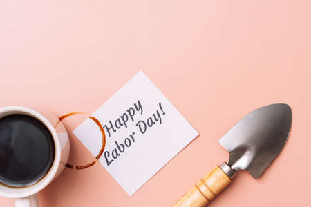 Happy lab day sticker with mug mark next to small spatulaの写真素材