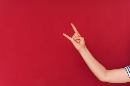 Hand showing rock and roll symbol against red backgroundの写真素材