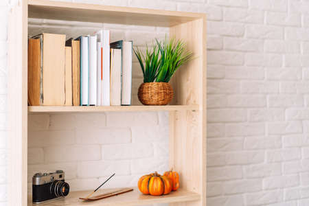 Old and new books standing on bookshelf against brick wallの写真素材