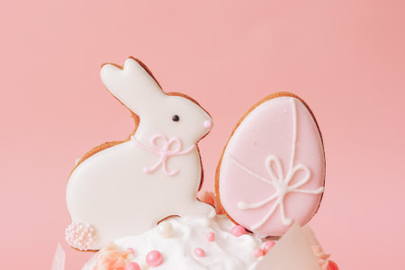 Bunny and egg cookies on top of cake against pink backgroundの写真素材