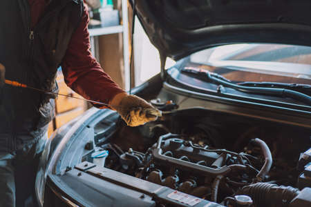Mechanic wipes the engine oil level dipstick