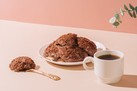 Piece of cake on cake fork on plate next to cup of coffee against pink backgroundの写真素材