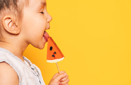 Asian girl licks lollipop in the shape of piece of watermelon against yellow backgroundの写真素材