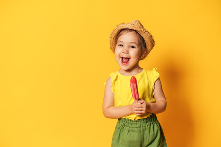 Asian girl holding ice cream on stick in front of yellow backgroundの写真素材