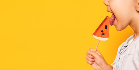 Girl licks lollipop in the shape of piece of watermelon against yellow backgroundの写真素材