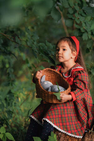 Little girl in red dress holding wicker cradle with doll in front of nusto forestの写真素材