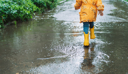 Girl in yellow jacket and rubber boots runs through the puddlesの写真素材