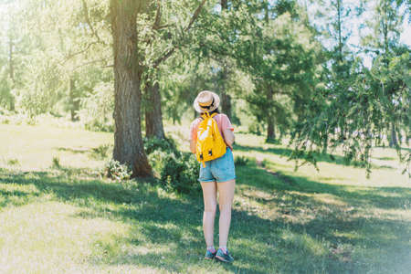 Girl traveler in a hat and a backpack walks through a coniferous forestの写真素材